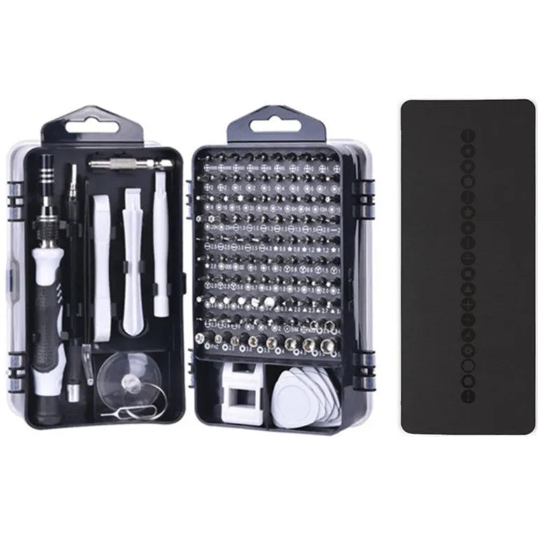 117-in-1 magnetic CRV screwdriver bit set with flexible extension in a choice of black, blue, or red box.
