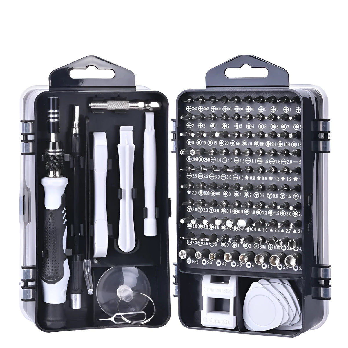 117-in-1 magnetic CRV screwdriver bit set with flexible extension in a choice of black, blue, or red box.