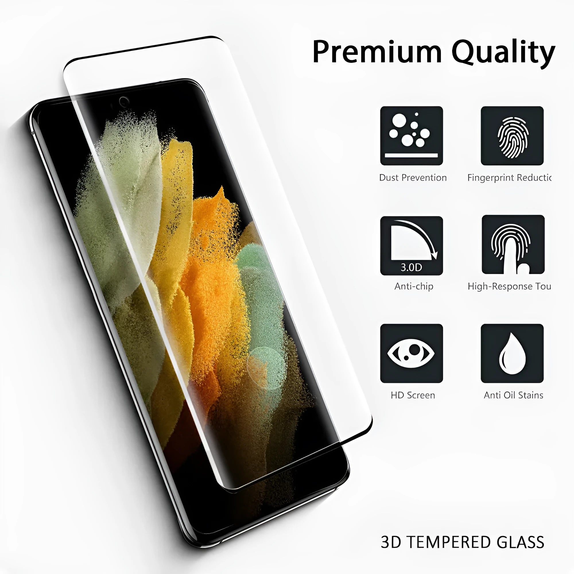 Samsung Galaxy S21 Ultra tempered glass screen protector on a phone, showing full coverage and curved edge fit.
