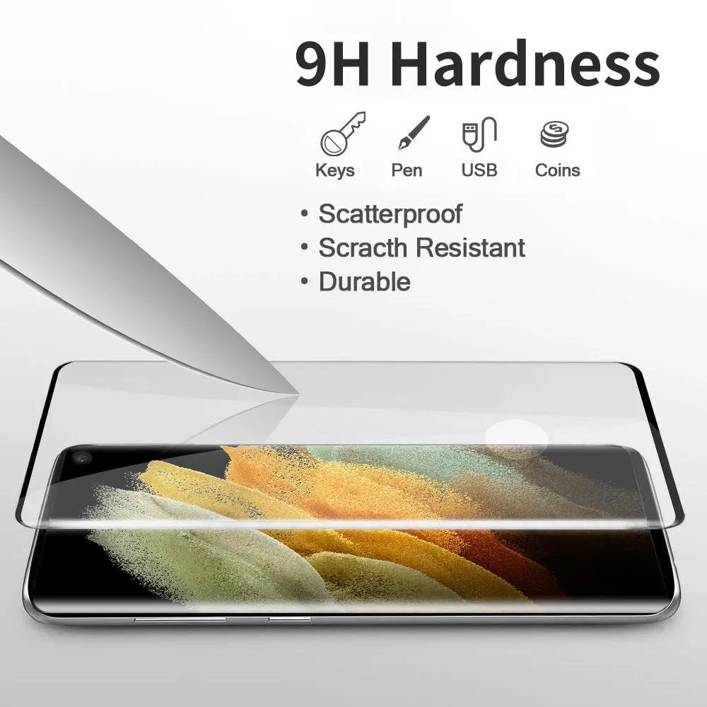 Samsung Galaxy S21 Ultra tempered glass screen protector on a phone, showing full coverage and curved edge fit.