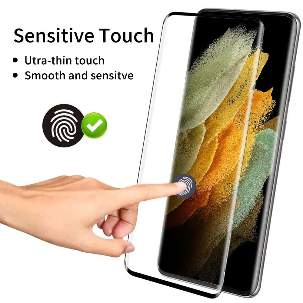 Samsung Galaxy S21 Ultra tempered glass screen protector on a phone, showing full coverage and curved edge fit.