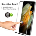 Samsung Galaxy S21 Ultra tempered glass screen protector on a phone, showing full coverage and curved edge fit.