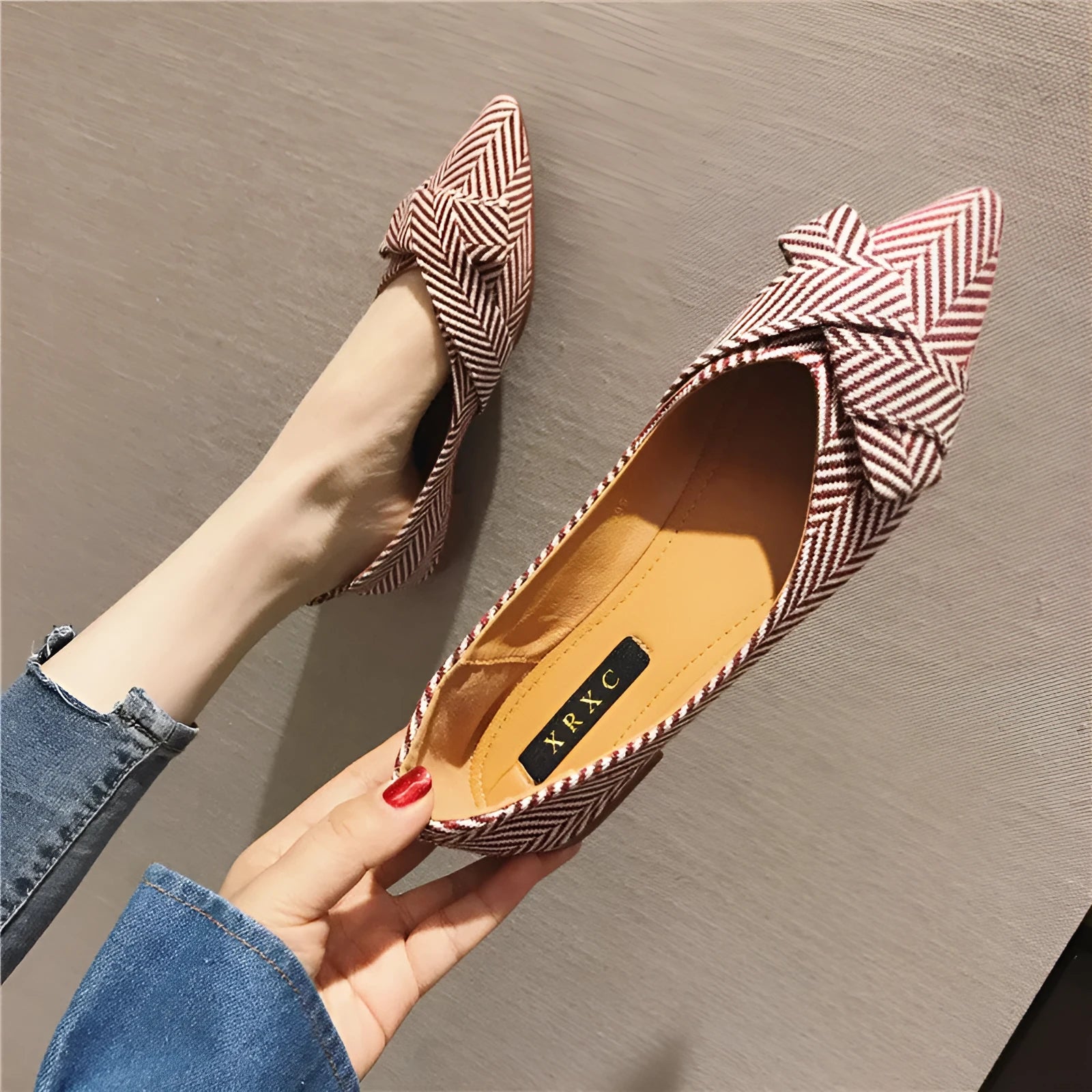 Women's red pointed flat shoes with cotton upper and low heel