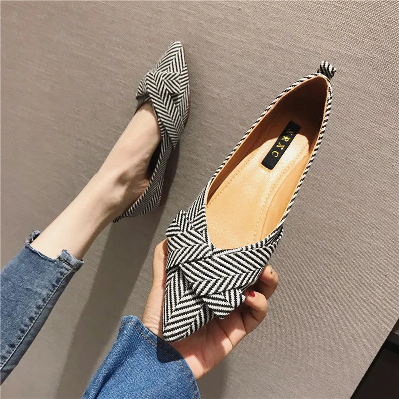 Women's red pointed flat shoes with cotton upper and low heel
