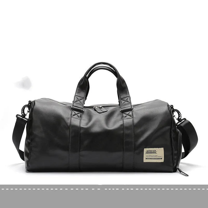Black large capacity sports training bag with waterproof PU leather, showing handle and zipper details for gym and travel use