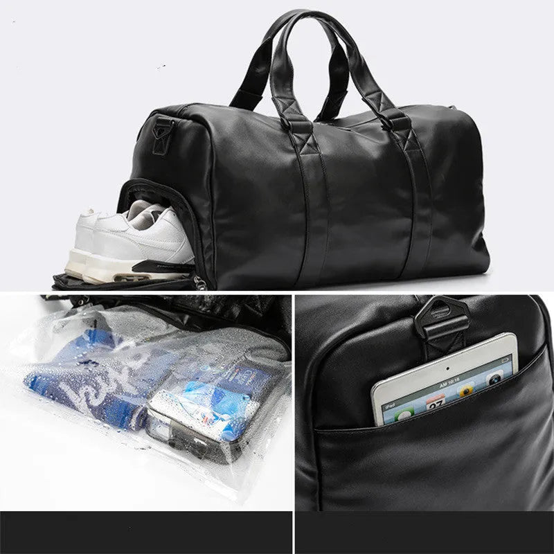 Black large capacity sports training bag with waterproof PU leather, showing handle and zipper details for gym and travel use