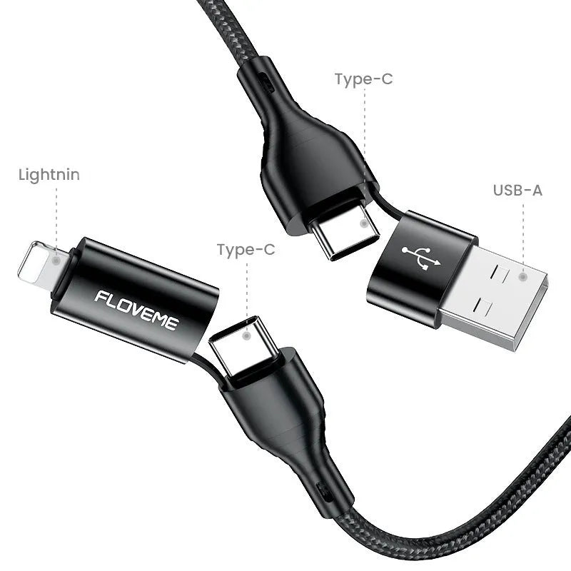 Black braided 4-in-1 mobile phone data cable showing multiple connection types
