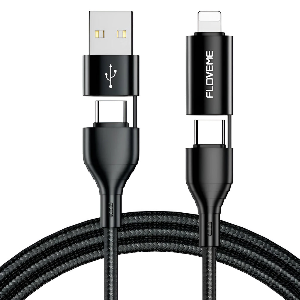 Black braided 4-in-1 mobile phone data cable showing multiple connection types