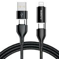 Black braided 4-in-1 mobile phone data cable showing multiple connection types