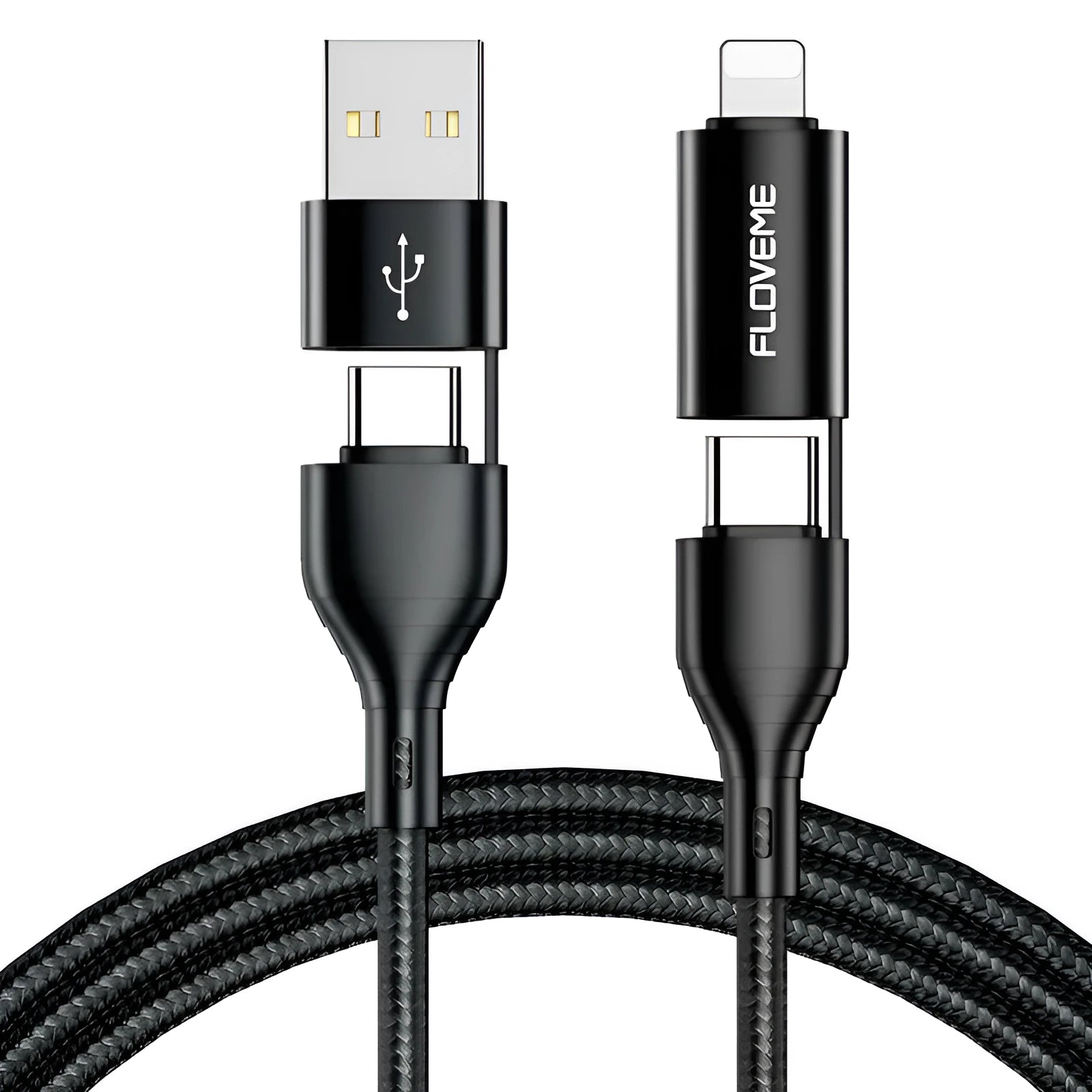 Black braided 4-in-1 mobile phone data cable showing multiple connection types