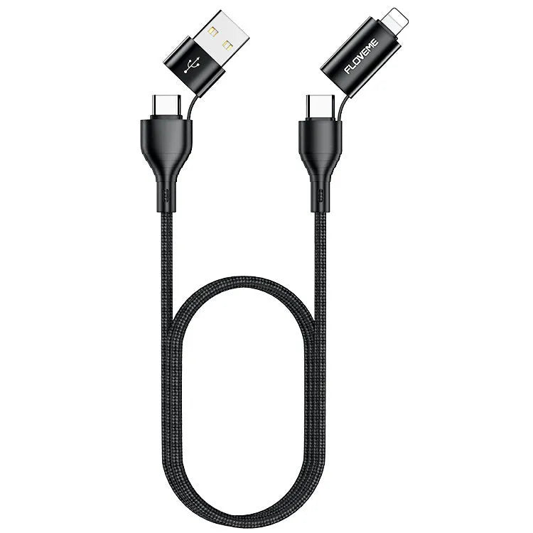 Black braided 4-in-1 mobile phone data cable showing multiple connection types