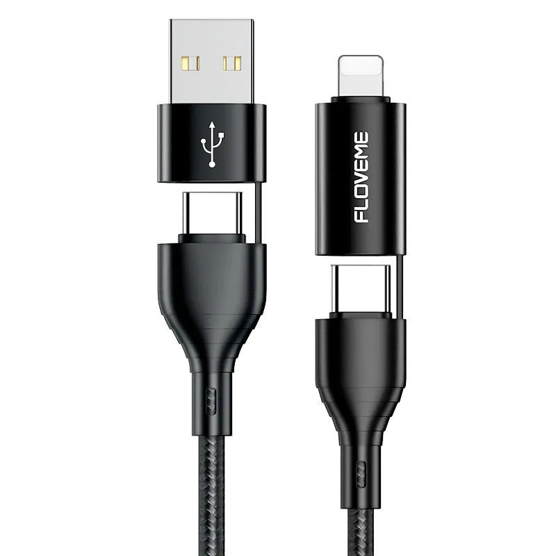 Black braided 4-in-1 mobile phone data cable showing multiple connection types