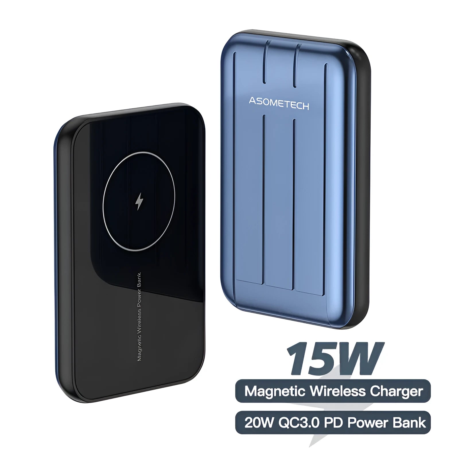 Magnetic wireless power bank for iPhone 12/12 Pro in blue, grey, and light green colours