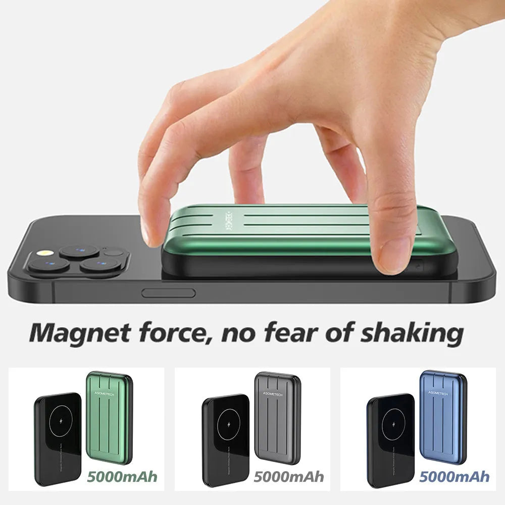 Magnetic wireless power bank for iPhone 12/12 Pro in blue, grey, and light green colours