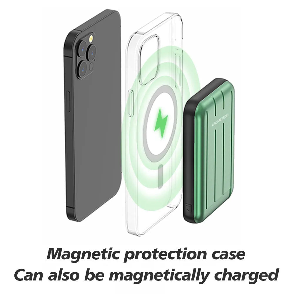 Magnetic wireless power bank for iPhone 12/12 Pro in blue, grey, and light green colours