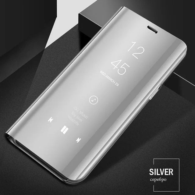Black Samsung Galaxy mirror flip case showing front flap with mirror and rear kickstand extended.