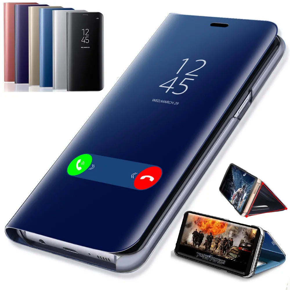 Black Samsung Galaxy mirror flip case showing front flap with mirror and rear kickstand extended.