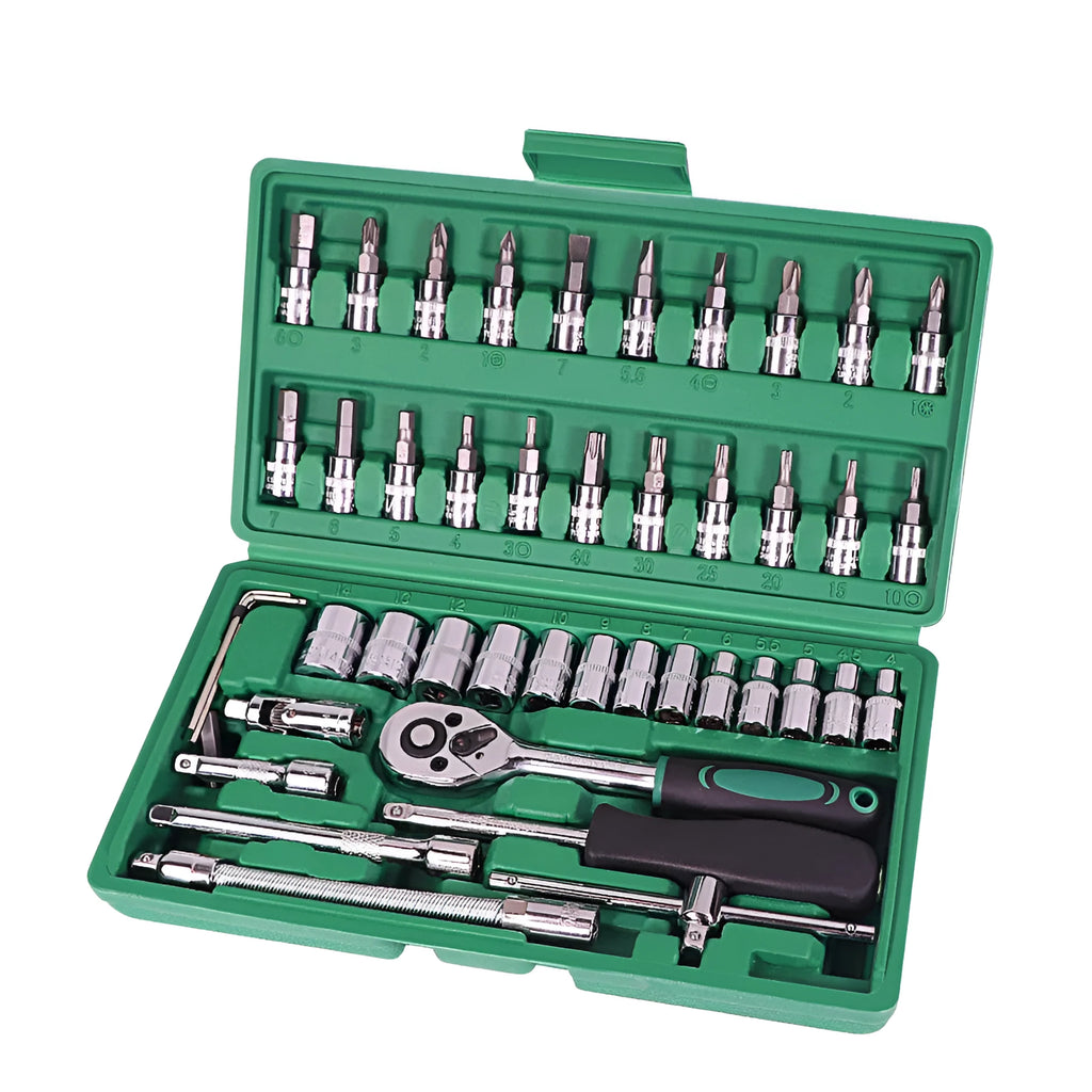 Green 46-piece alloy steel metric socket set with L-shaped wrench in a plastic storage case.