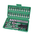 Green 46-piece alloy steel metric socket set with L-shaped wrench in a plastic storage case.