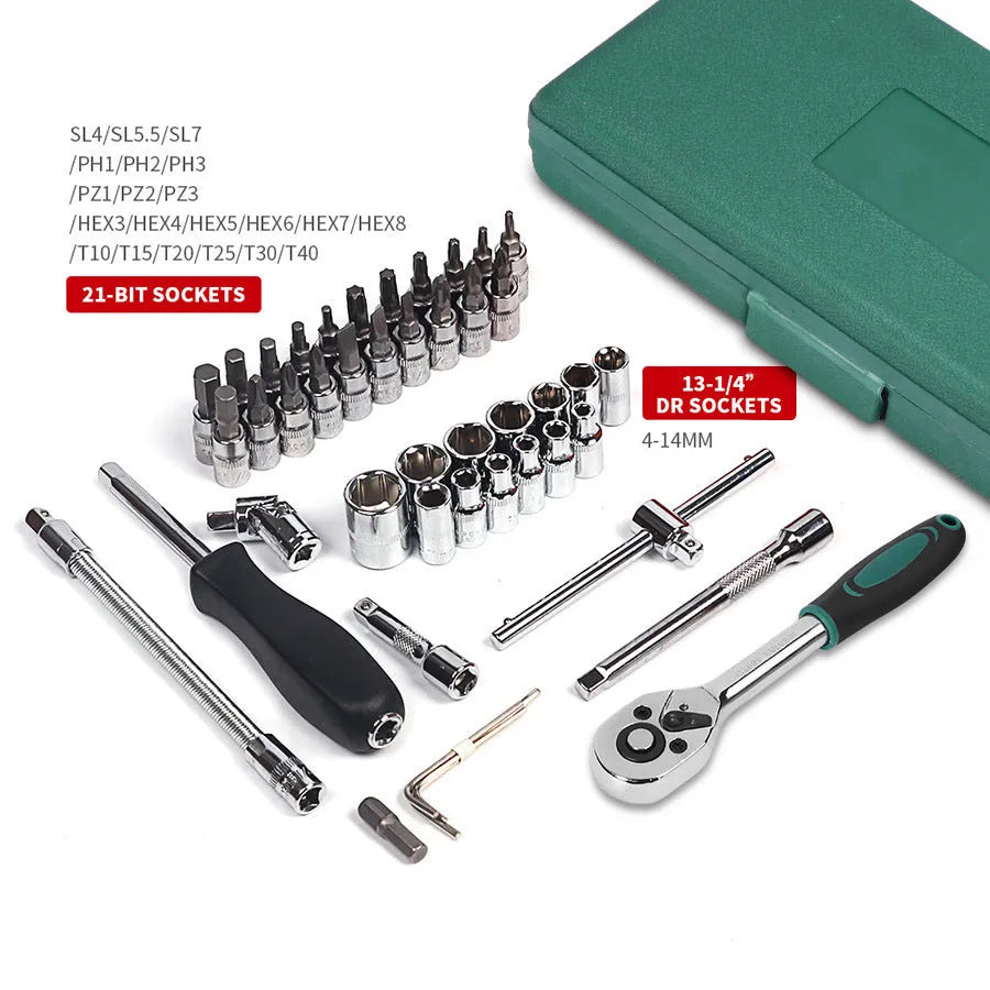Green 46-piece alloy steel metric socket set with L-shaped wrench in a plastic storage case.