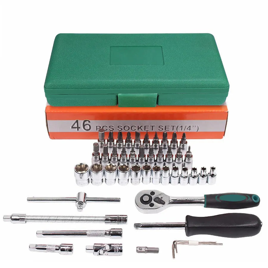 Green 46-piece alloy steel metric socket set with L-shaped wrench in a plastic storage case.