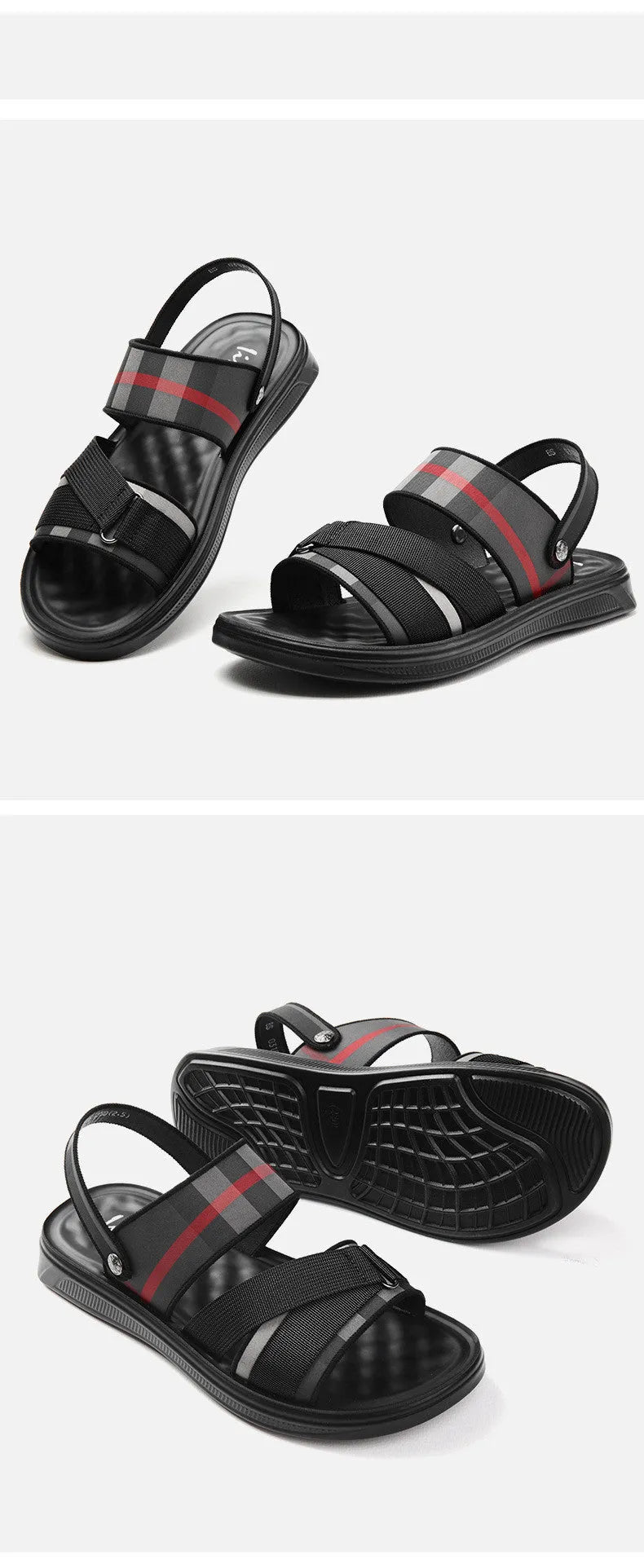 Youth leisure sports sandals with a blue Lycra upper and polyurethane sole, shown on a size chart.