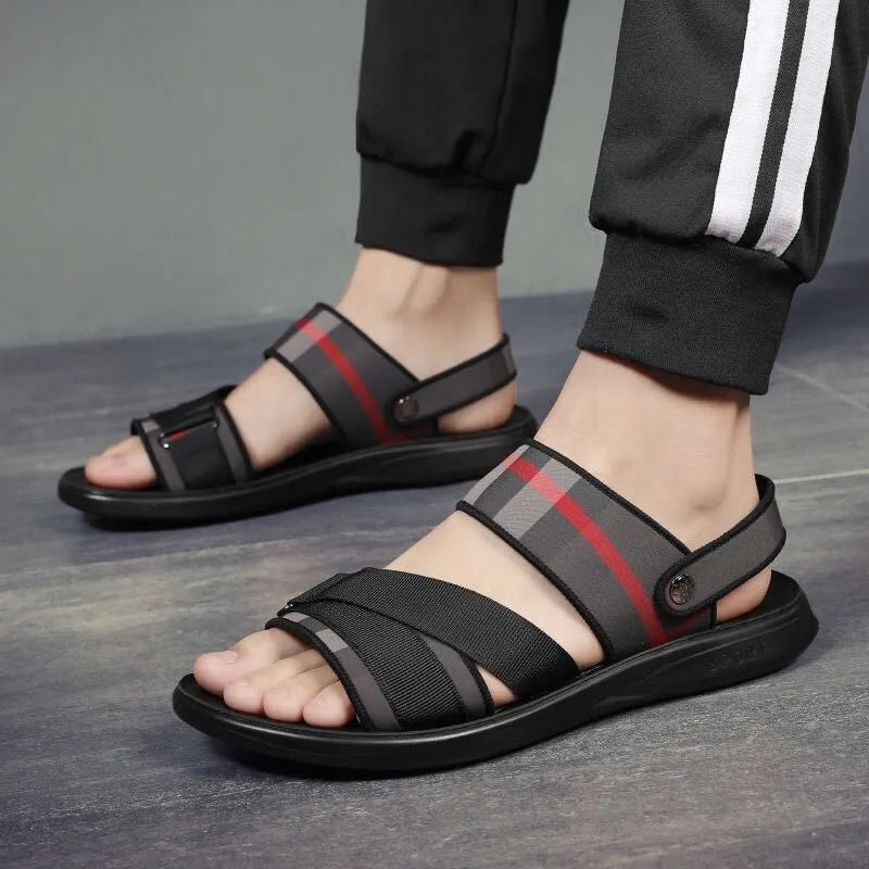Youth leisure sports sandals with a blue Lycra upper and polyurethane sole, shown on a size chart.