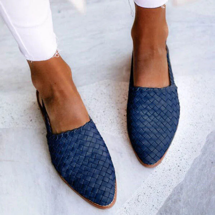 European style baotou flat sandals with buckle closure and pointed toe in multiple colour options