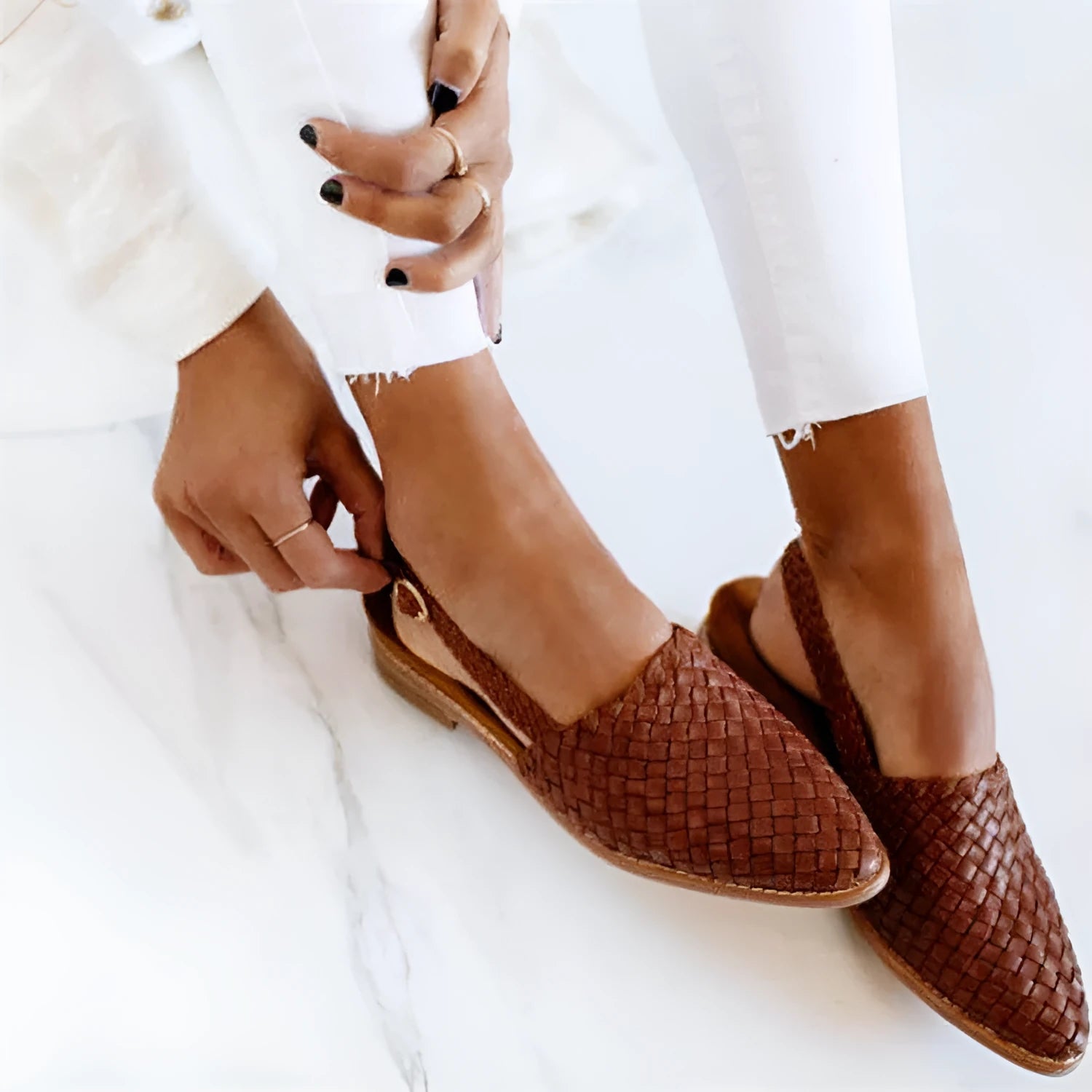 European style baotou flat sandals with buckle closure and pointed toe in multiple colour options