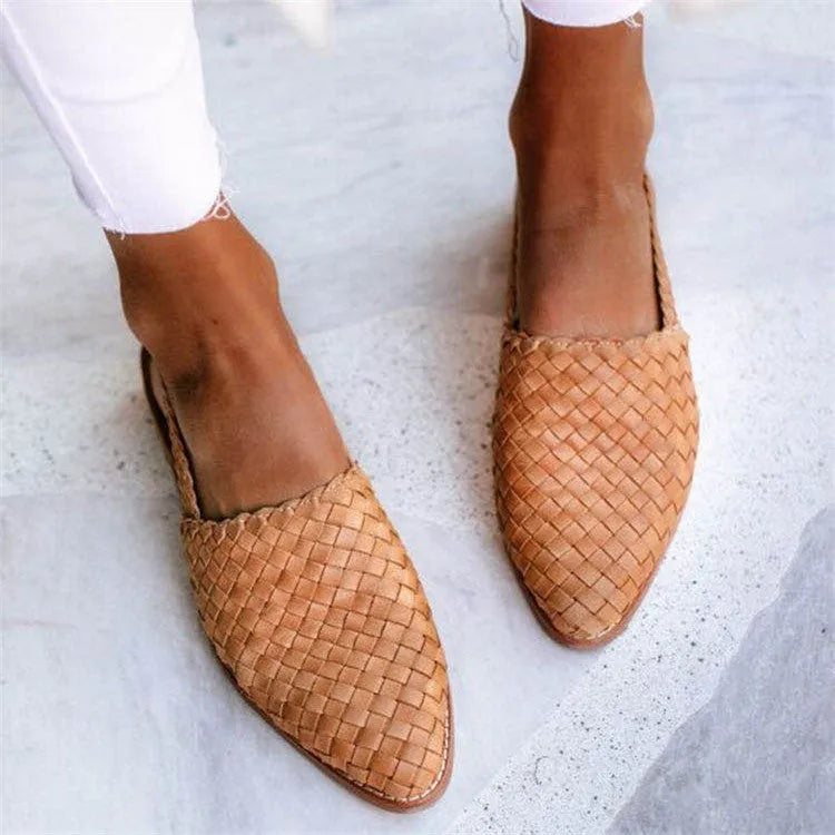 European style baotou flat sandals with buckle closure and pointed toe in multiple colour options