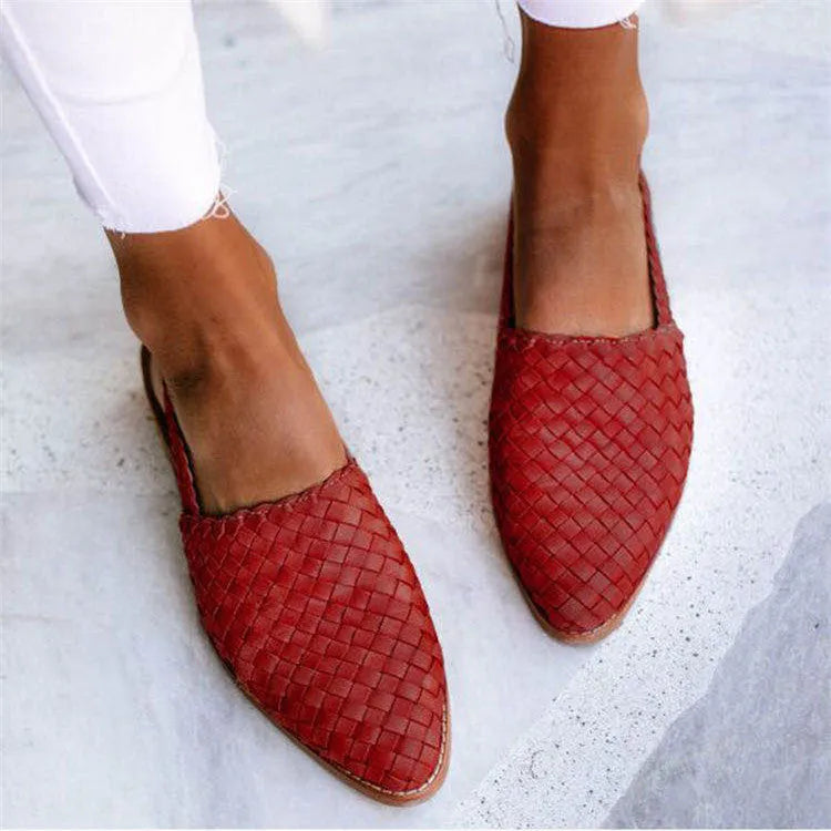 European style baotou flat sandals with buckle closure and pointed toe in multiple colour options