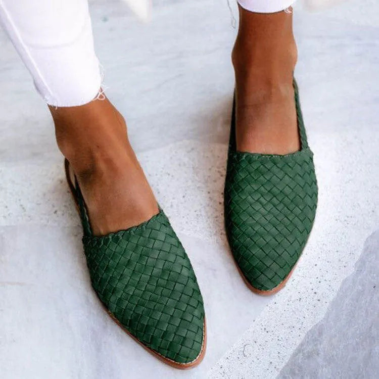 European style baotou flat sandals with buckle closure and pointed toe in multiple colour options