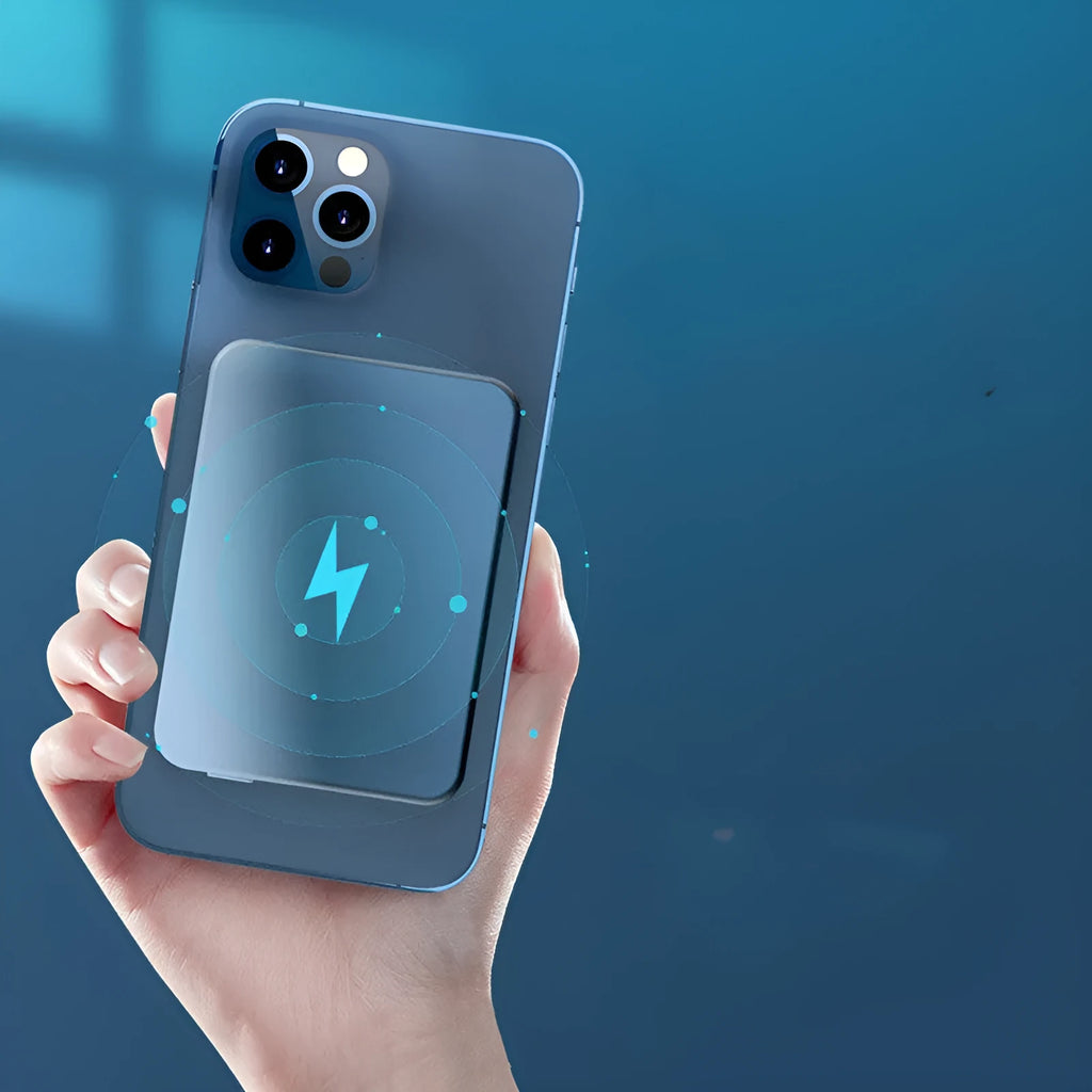 Silver aluminium Apple magnetic wireless charging power bank showing USB-C port