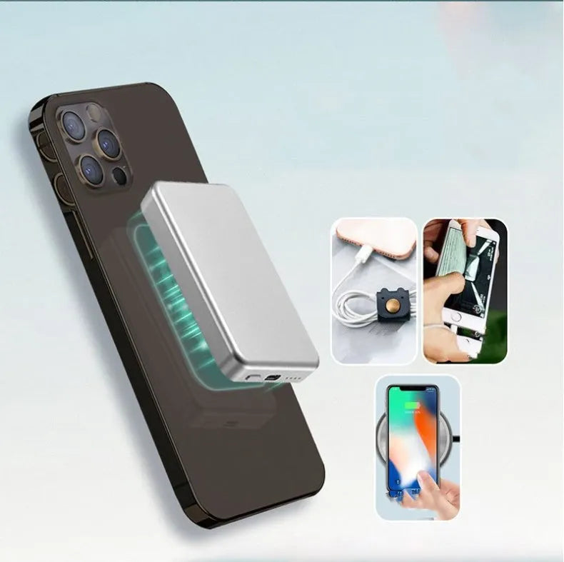 Silver aluminium Apple magnetic wireless charging power bank showing USB-C port
