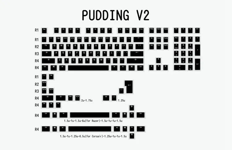 Black and white PBT doubleshot pudding keycaps for mechanical keyboards on a backlit keyboard.