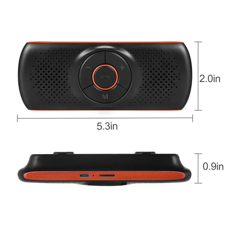 Orange plastic Bluetooth car hands-free kit designed for sun visor mounting.