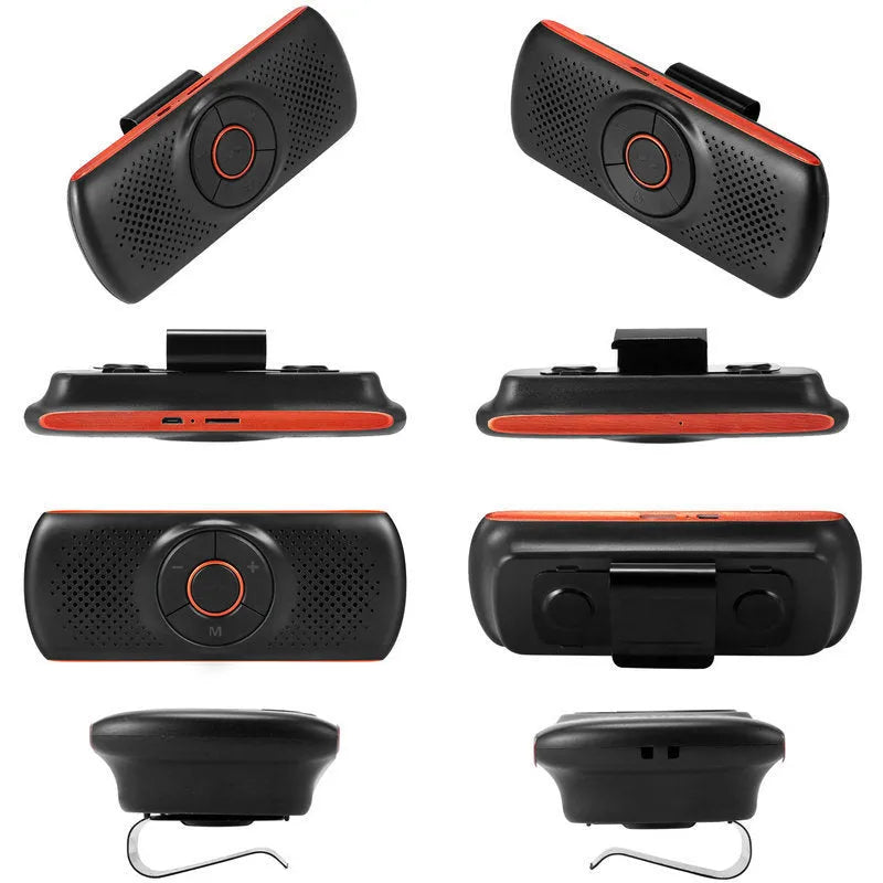 Orange plastic Bluetooth car hands-free kit designed for sun visor mounting.