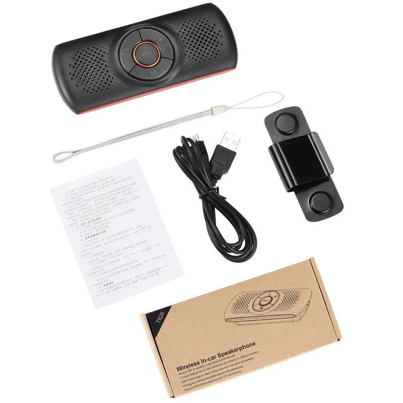 Orange plastic Bluetooth car hands-free kit designed for sun visor mounting.
