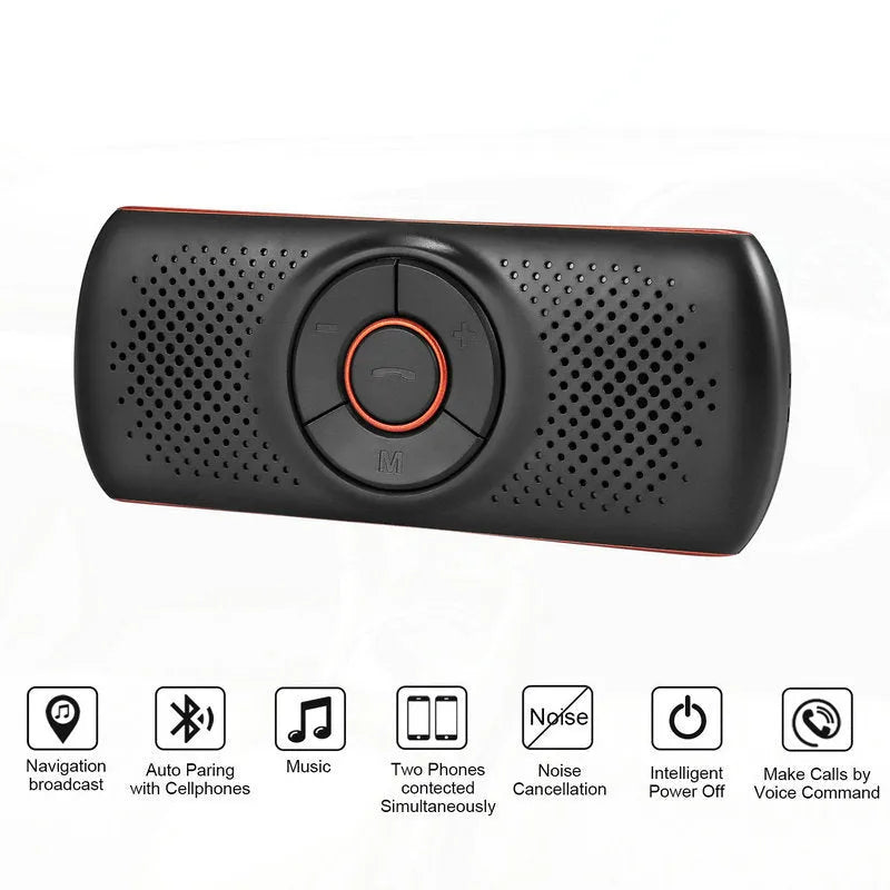 Orange plastic Bluetooth car hands-free kit designed for sun visor mounting.