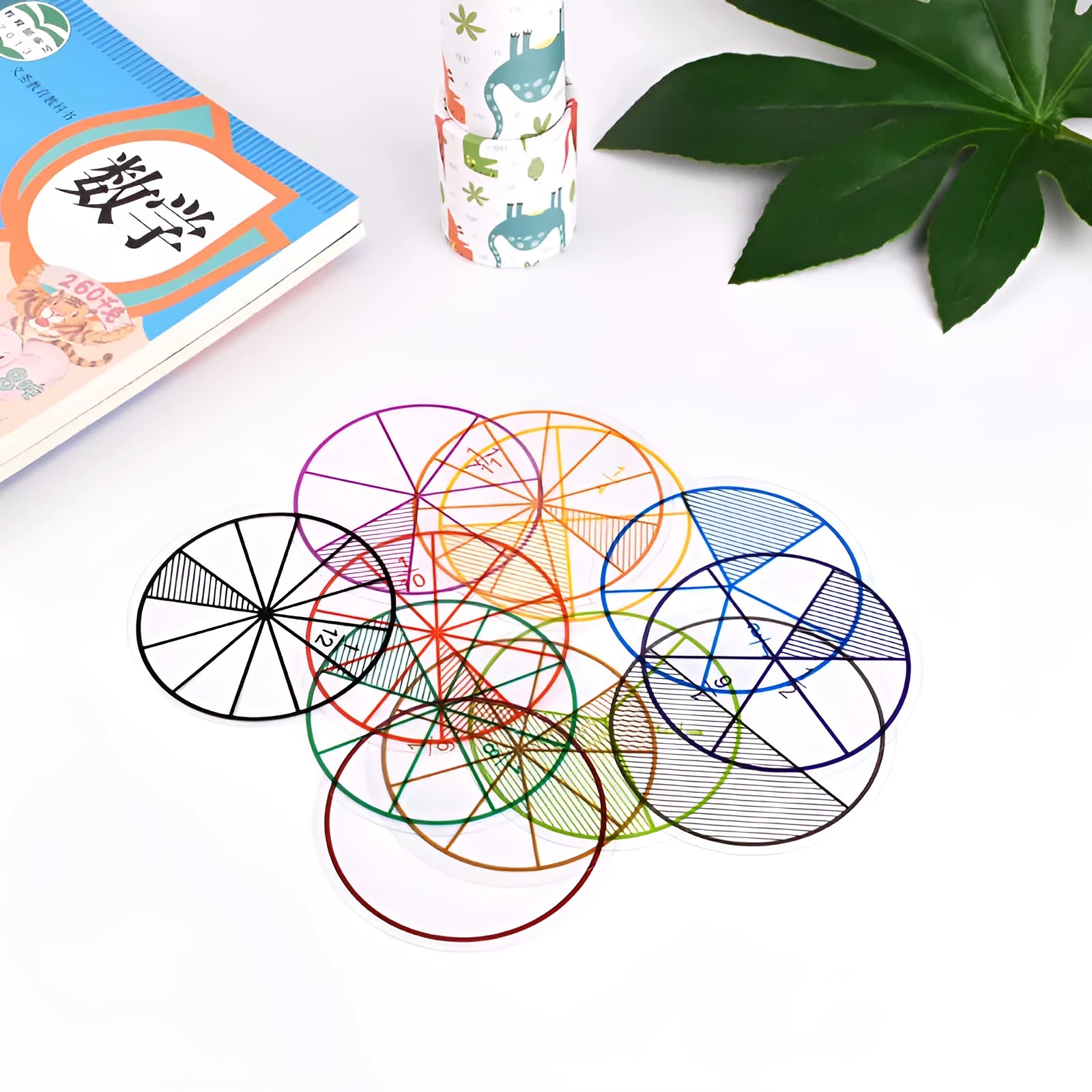 Fraction plate and circle teaching aids kit with magnetic blocks, transparent rulers, and activity corners on a table.