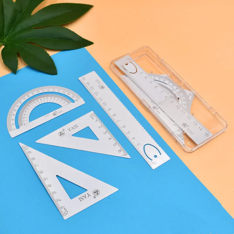 Fraction plate and circle teaching aids kit with magnetic blocks, transparent rulers, and activity corners on a table.