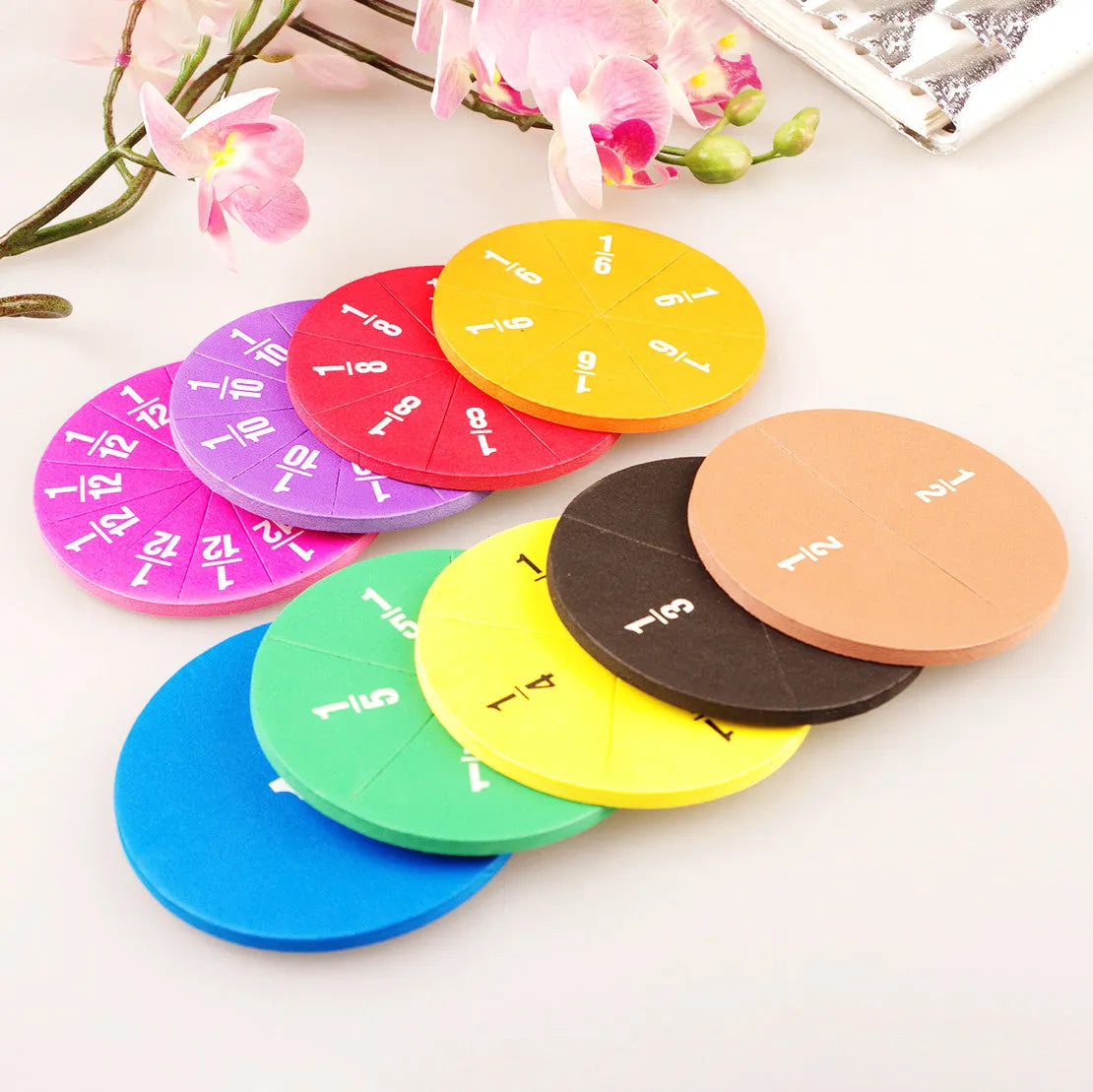 Fraction plate and circle teaching aids kit with magnetic blocks, transparent rulers, and activity corners on a table.