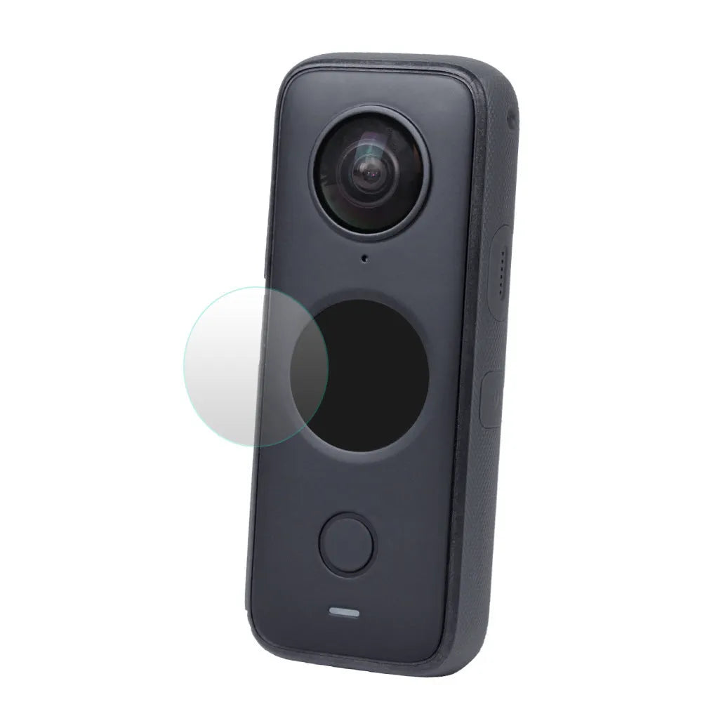 Insta360 ONE X2 black tempered glass screen protector with explosion-proof film on cleaning mat.