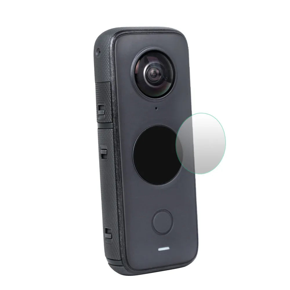 Insta360 ONE X2 black tempered glass screen protector with explosion-proof film on cleaning mat.