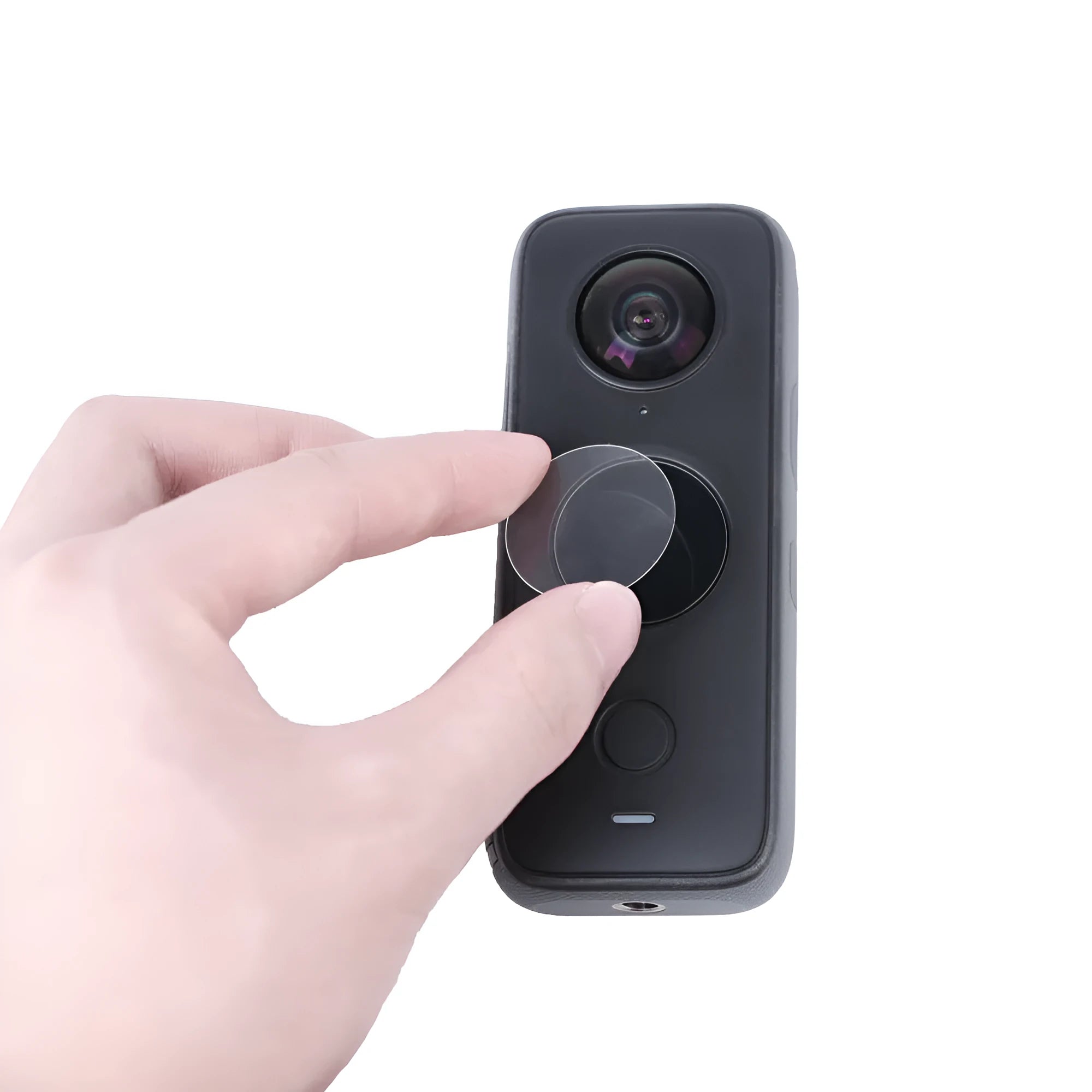 Insta360 ONE X2 black tempered glass screen protector with explosion-proof film on cleaning mat.