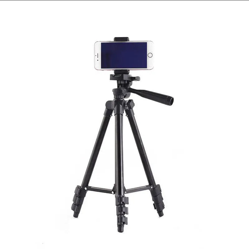 Black aluminium alloy portable camera tripod with 4-section legs and a 3D head, shown fully extended.