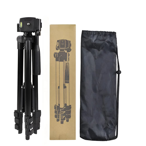Black aluminium alloy portable camera tripod with 4-section legs and a 3D head, shown fully extended.