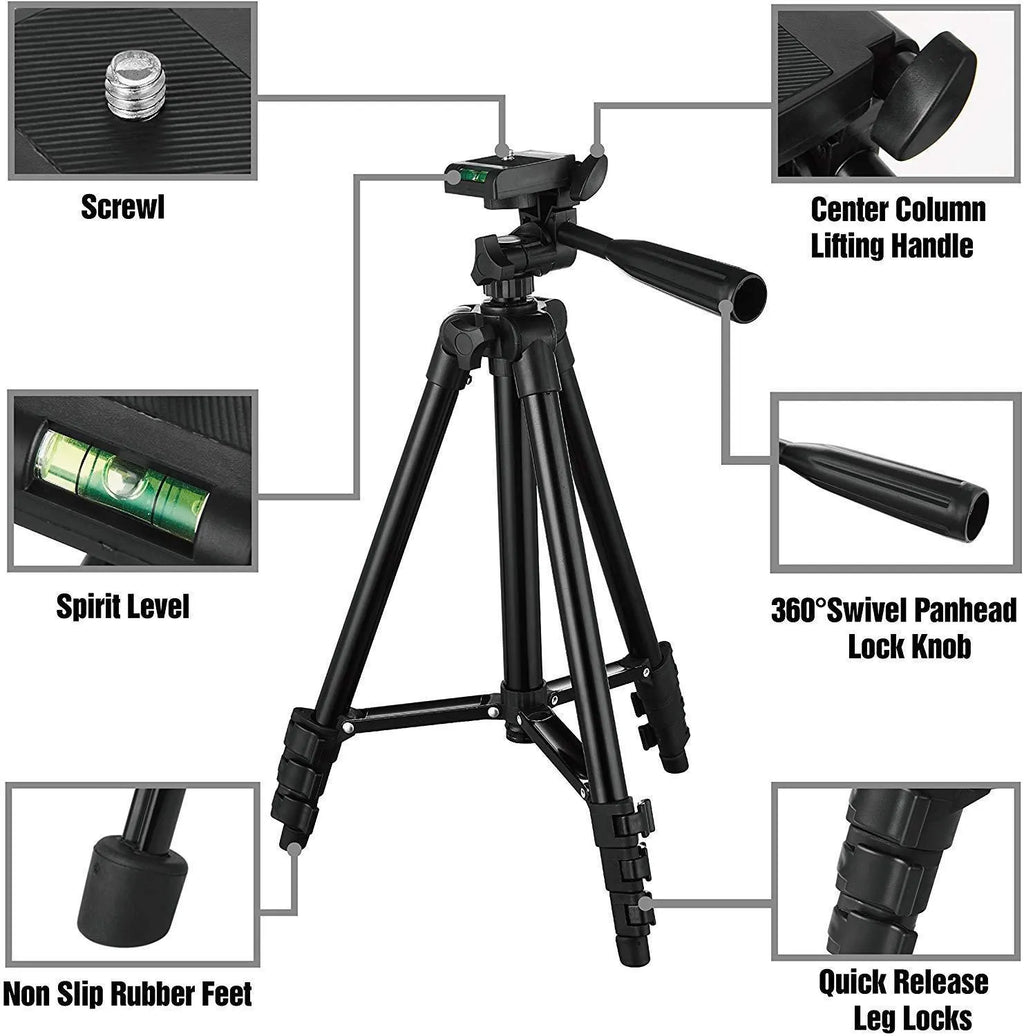 Black aluminium alloy portable camera tripod with 4-section legs and a 3D head, shown fully extended.