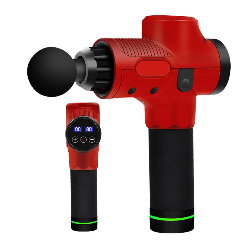 Electric muscle massage gun with seven different coloured attachment heads on a table.