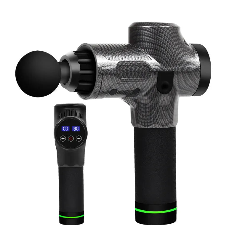 Electric muscle massage gun with seven different coloured attachment heads on a table.